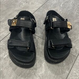 Steve Madden Black Leather  Sandals with Gold Buckles